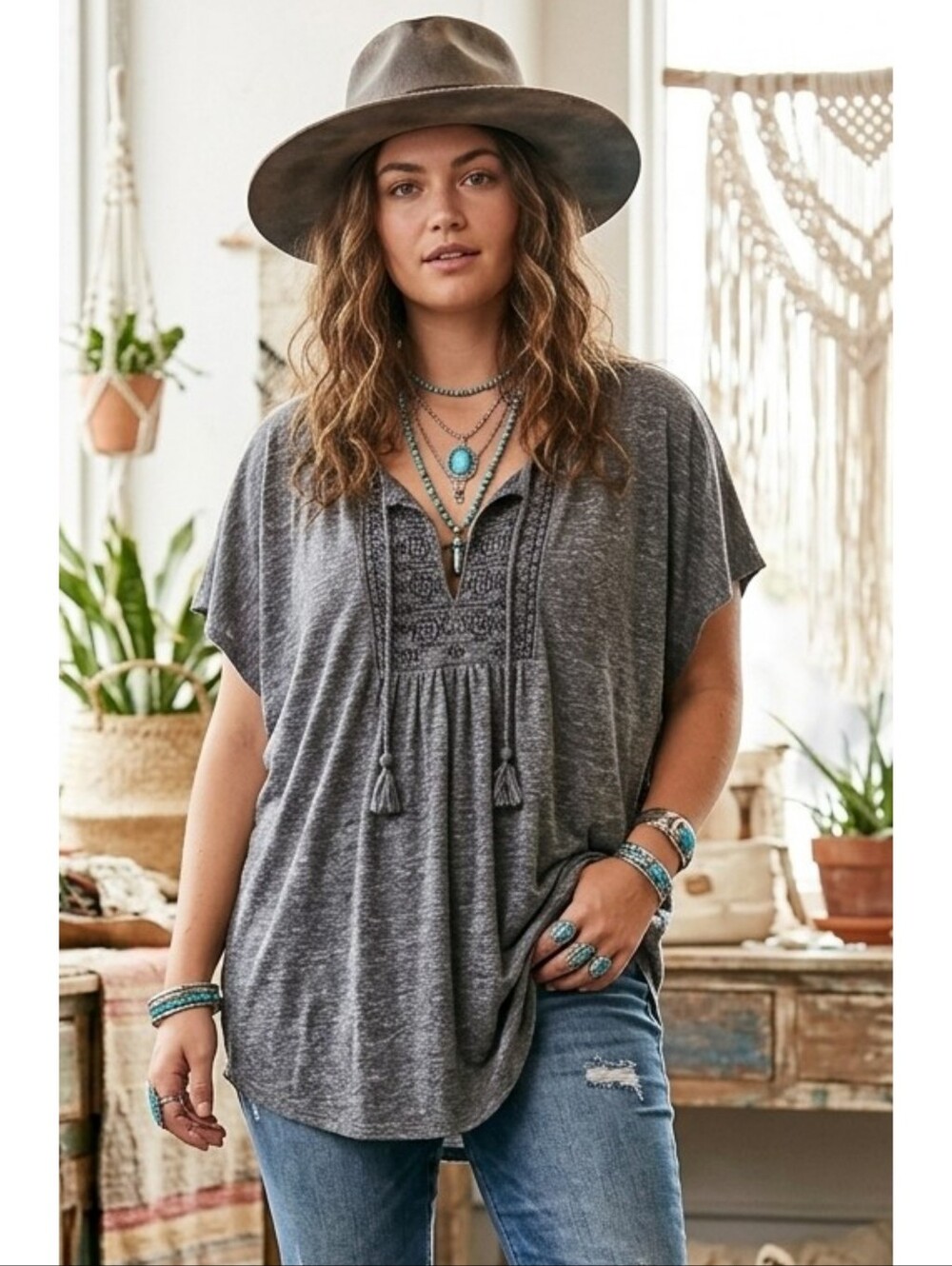Gap Factory Linen Blend Pullover Peasant Top Heather Gray Size XXL